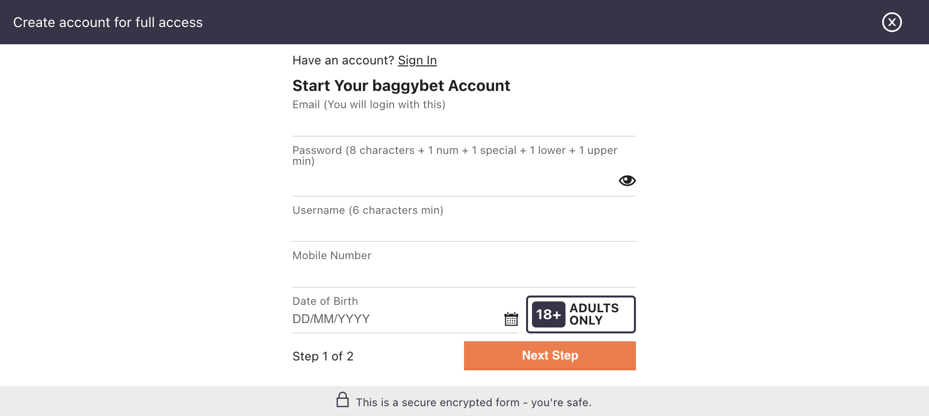 BaggyBet Sign Up